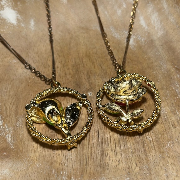 Vintage Green Calla Lilly & Red Rose Flower Gold Tone Necklaces - Picture 7 of 14